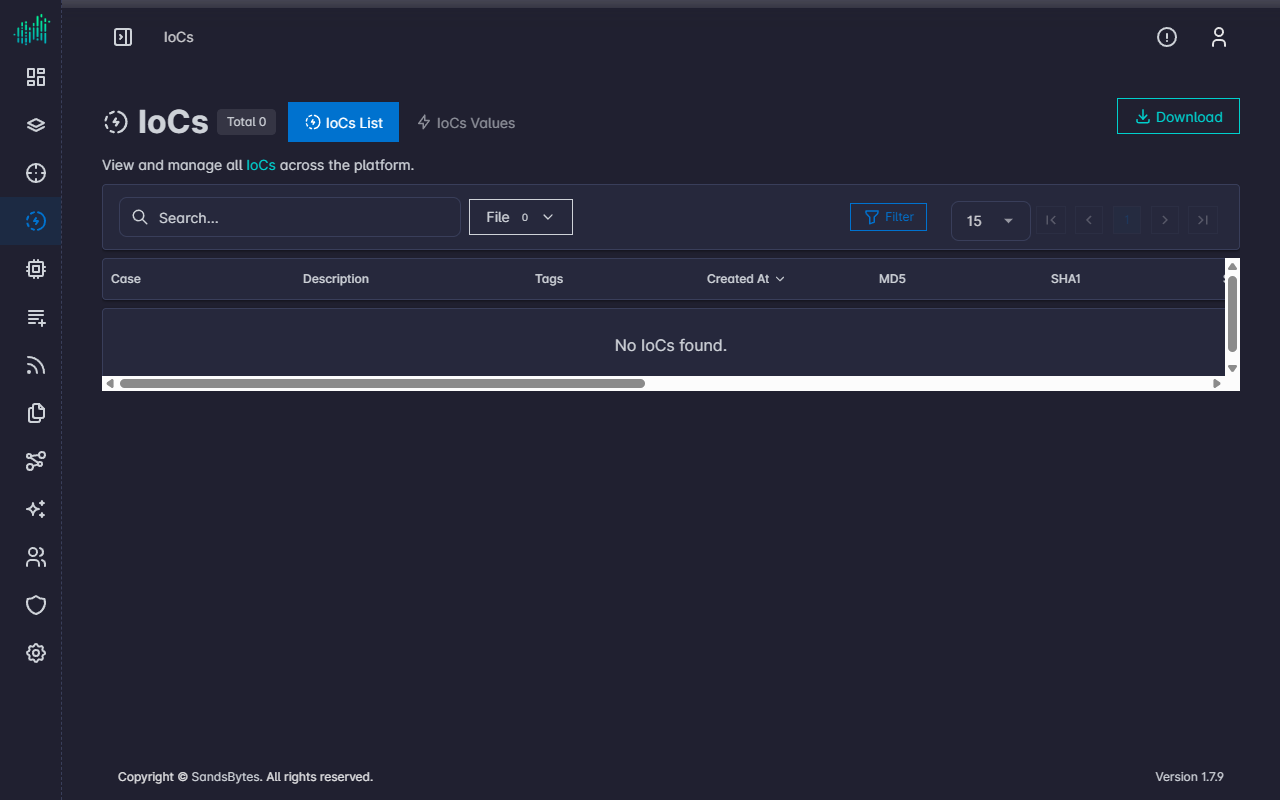 IoCs list with type filter, search, and hash columns