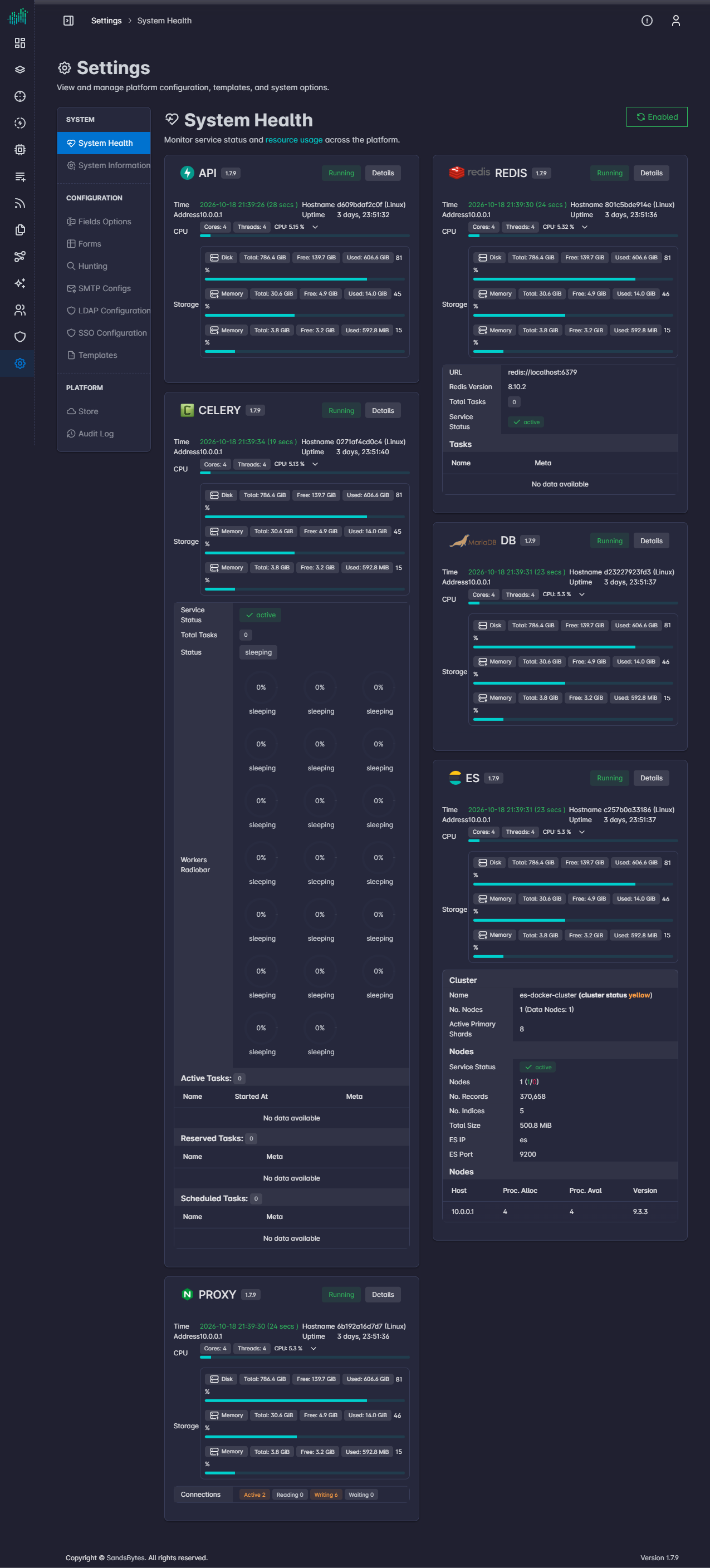 Settings, System Health