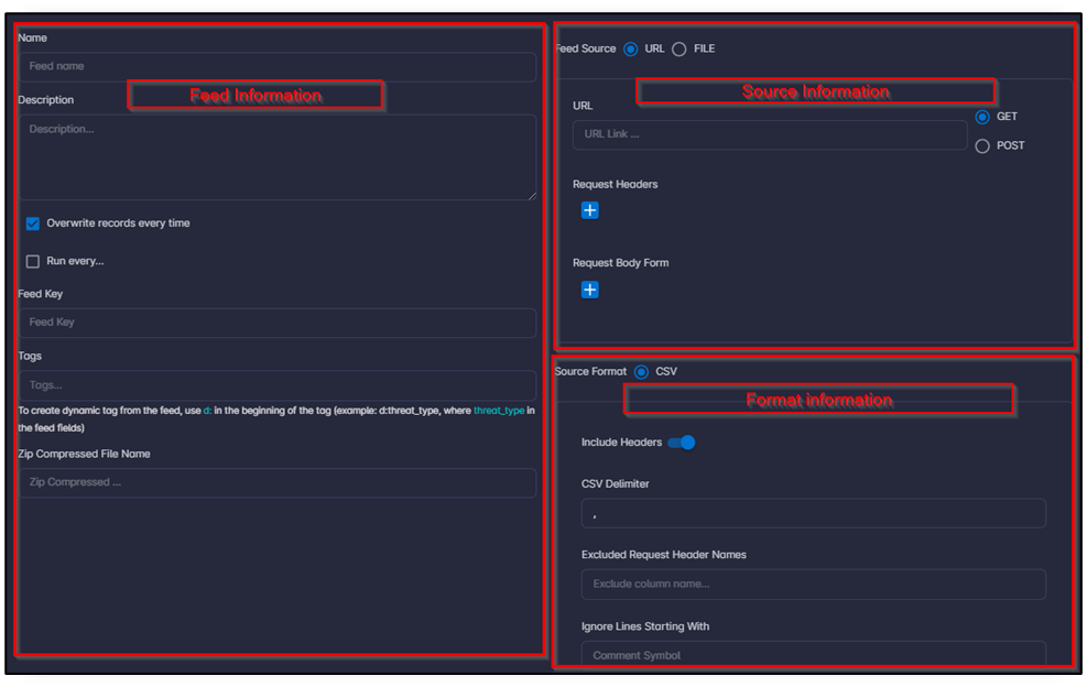 Create Feed page showing Feed Information, Source Information, and Format Information sections
