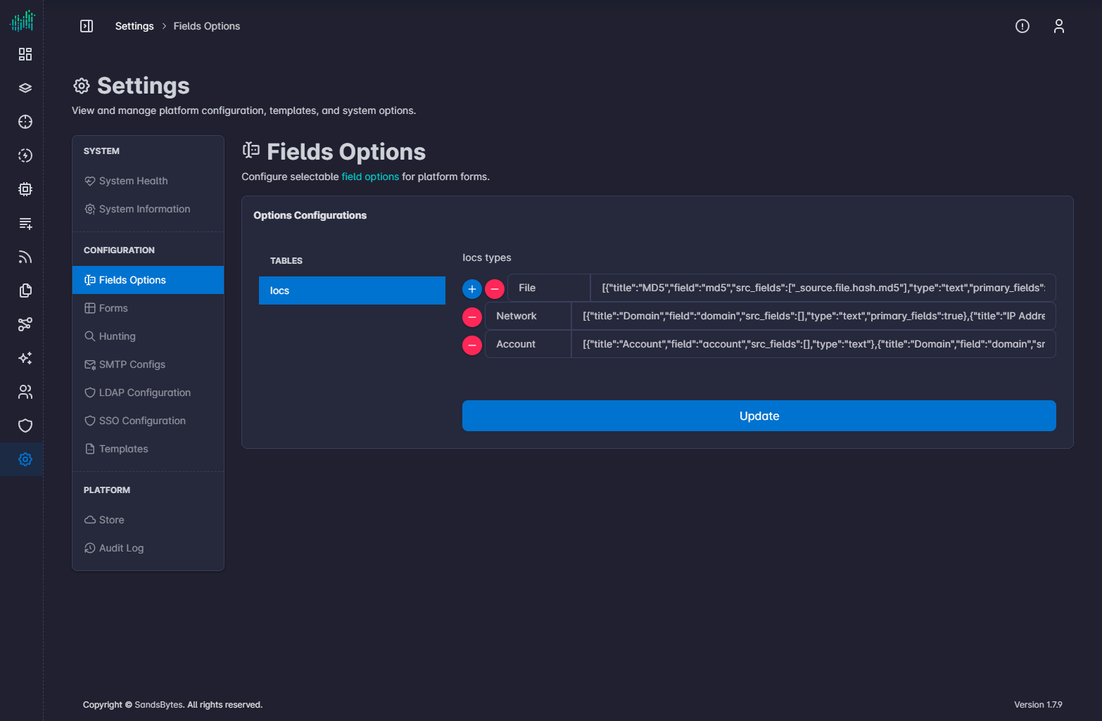 Settings, Fields Options